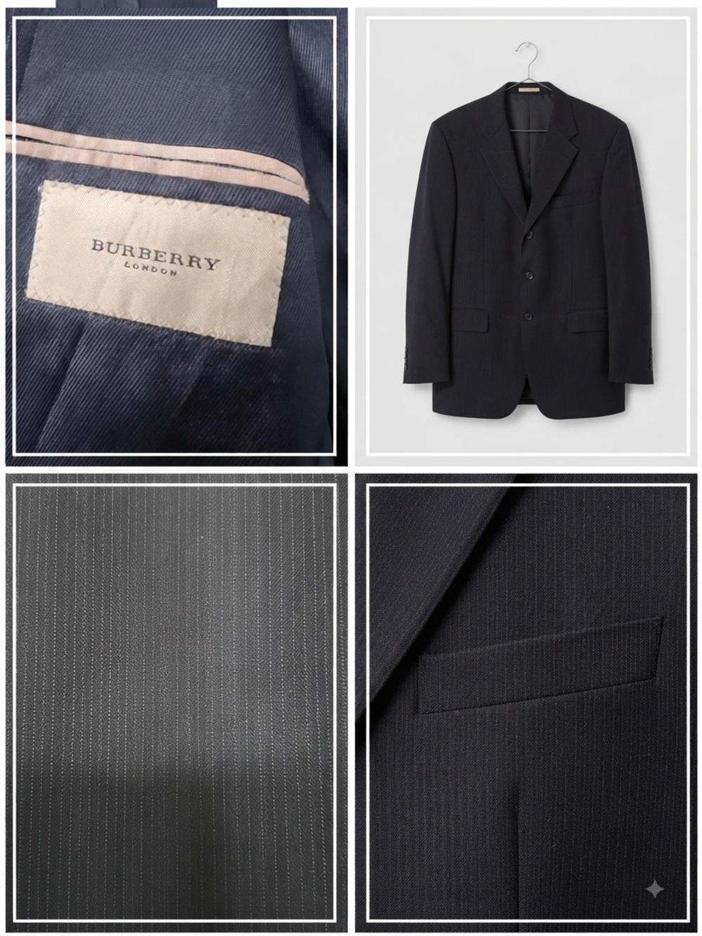 Burberry Black Pinstripe Wool Suit Jacket and Pants